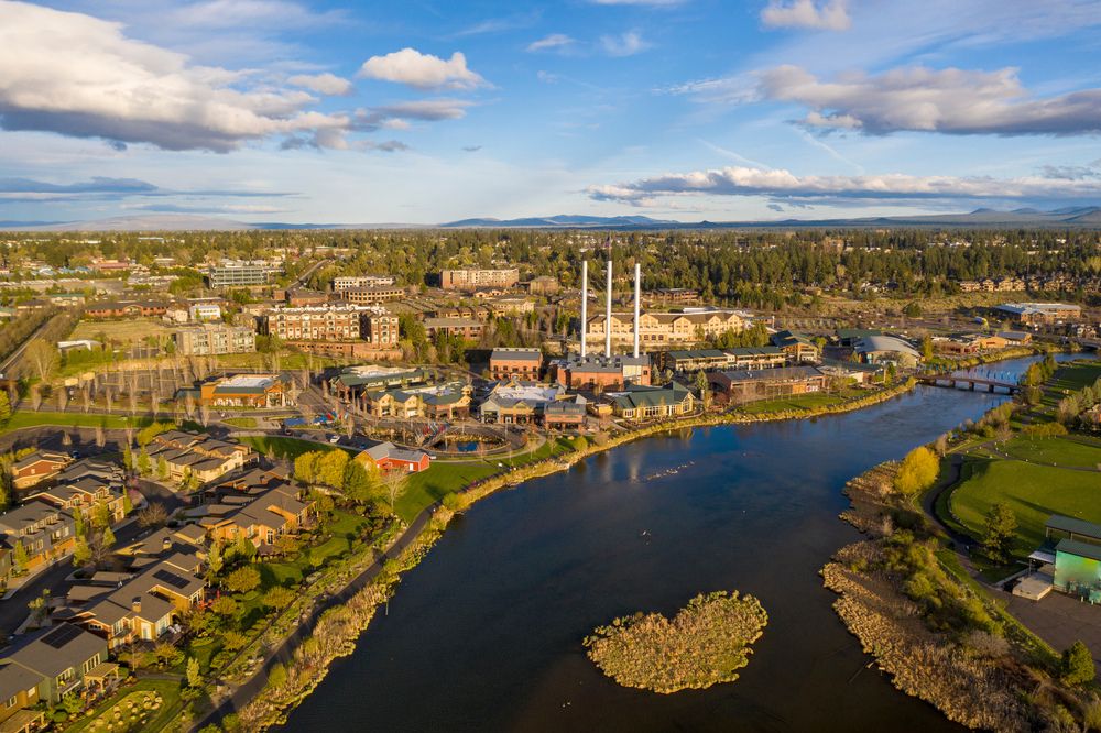 aerial view of the smoke stacks, downtown Bend, Oregon